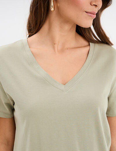 T-shirt manches courtes col en V coton vert kaki femme