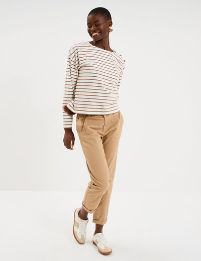 Pantalon chino 7/8&egrave;me ceinture tress&eacute;e beige femme