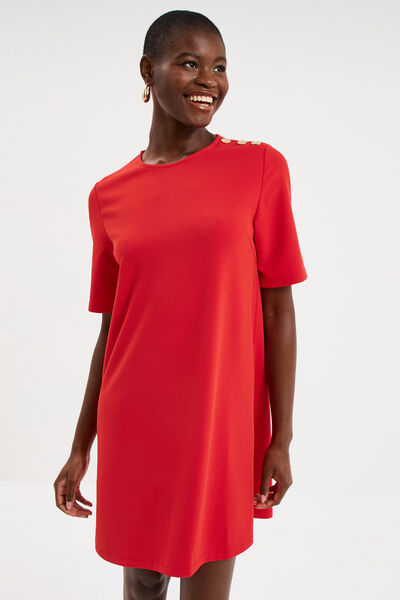 Robe droite cr&ecirc;pe manches courtes rouge femme