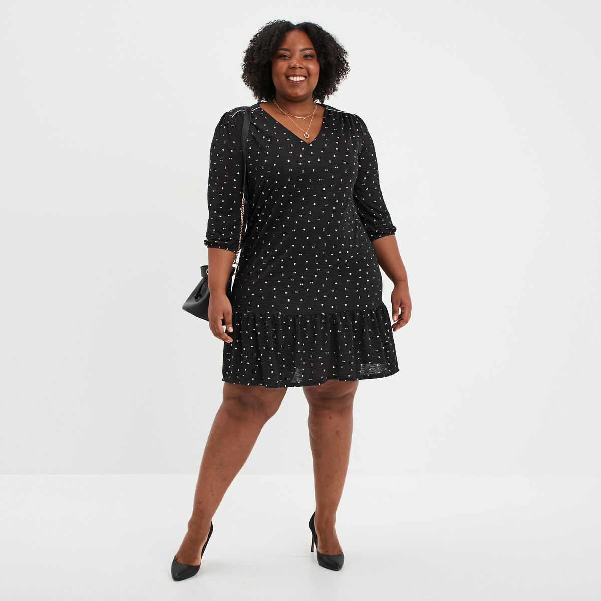 Robe évasée manches 3/4 noir femme grande taille