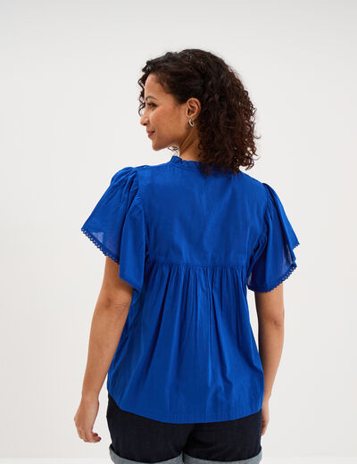 Blouse fluide l&eacute;g&egrave;re avec volants coton bleu electrique femme