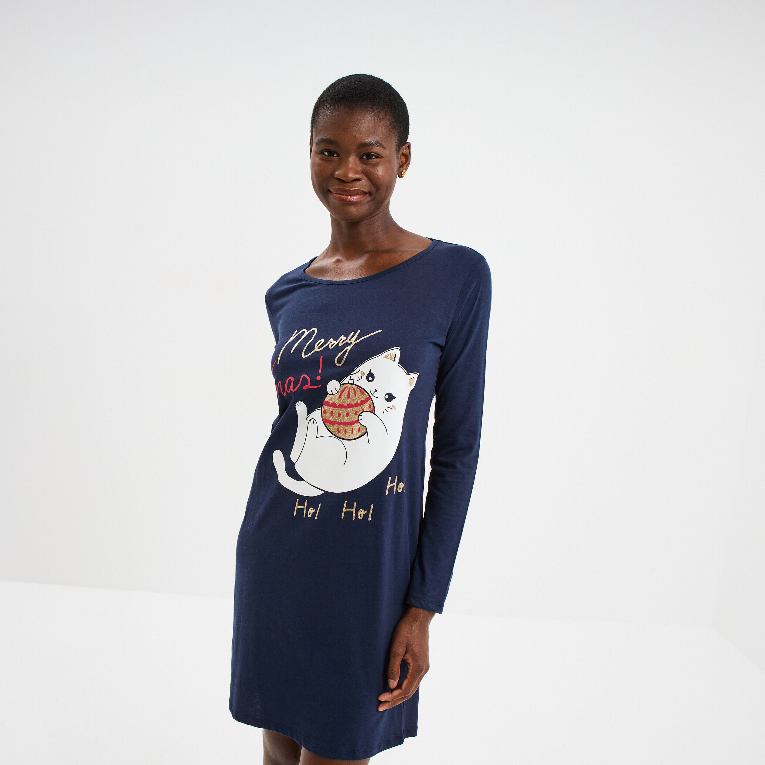 Chemise de nuit manches longues coton bleu marine femme LH