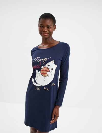 Chemise de nuit manches longues coton bleu marine femme