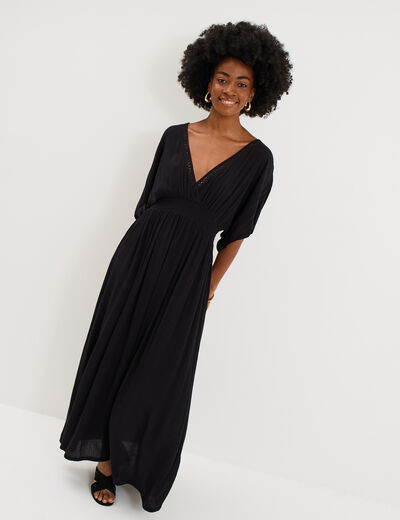 Robe fluide longue col et dos en V noir femme