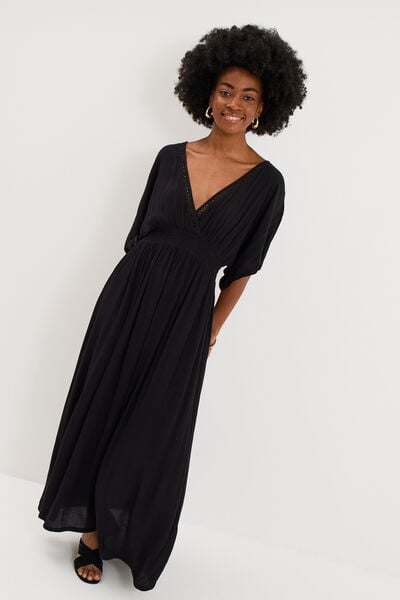 Robe fluide longue col et dos en V noir femme