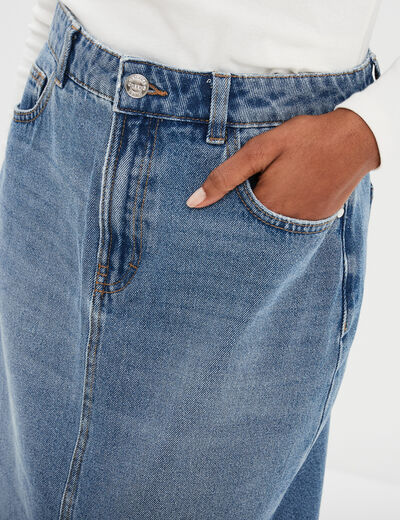 Jupe midi fendue en jean coton denim double stone femme