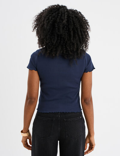 T-shirt court effet côtelé col en V bleu marine femme