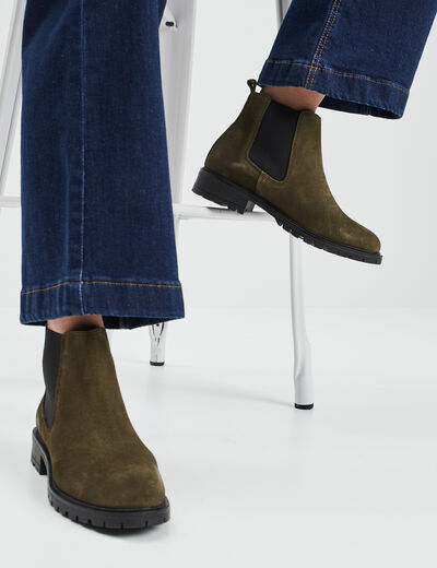 Bottines chelsea en cuir vert kaki femme