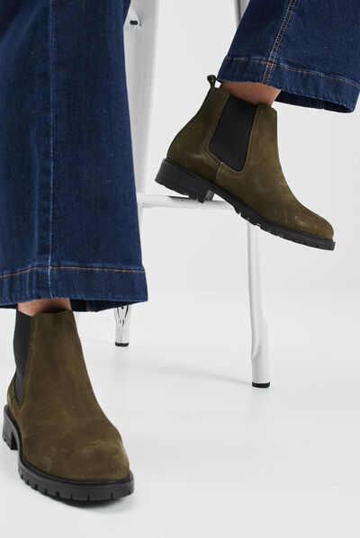 Bottines chelsea en cuir vert kaki femme