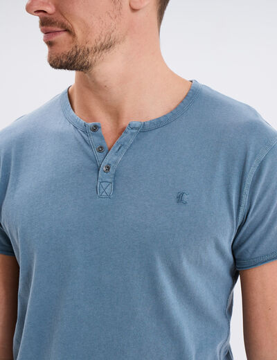 T-shirt col tunisien manches courtes bleu gris homme