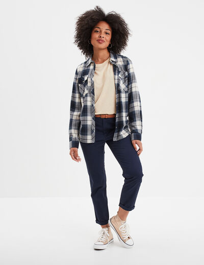 Pantalon chino 7/8ème ceinture tressée bleu marine femme