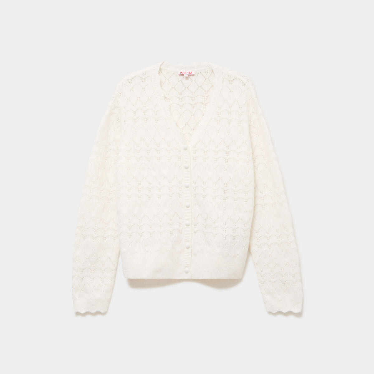 Gilet col V maille ajour&eacute;e boutonn&eacute; blanc femme