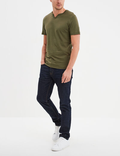 T-shirt manches courtes col tunisien vert kaki homme