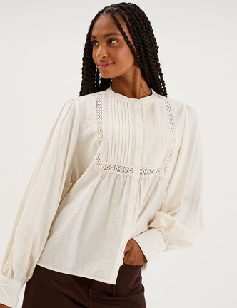 Blouse manches longues galons et fronces ecru femme