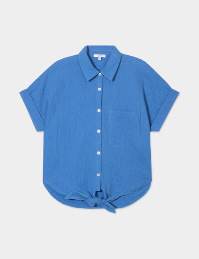 Chemise nouée manches courtes gaze coton bleu foncé femme