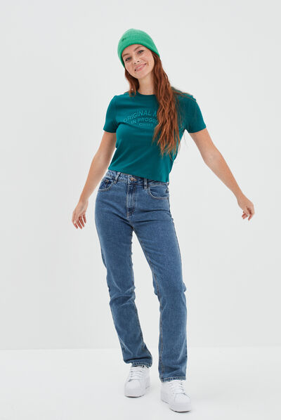 Jeans droit taille haute denim stone femme