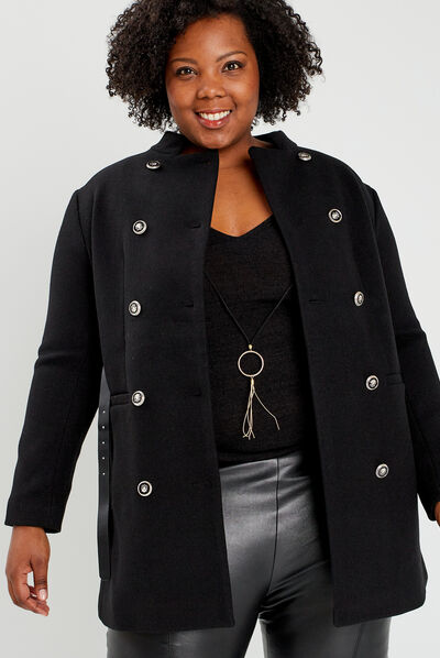 Manteau esprit officier droit ceinturé noir femme grande taille