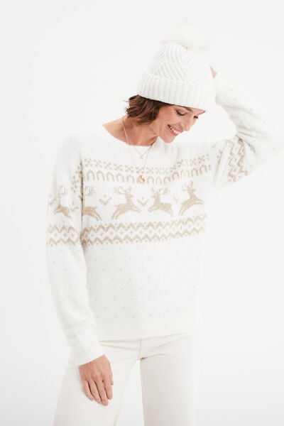 Pull No&euml;l col rond manches longues blanc femme