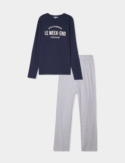 Ensemble pyjama pantalon 2 pièces coton bleu marine homme