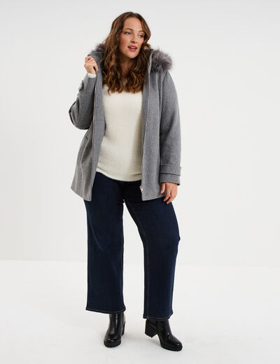Manteau zipp&eacute; &agrave; capuche fausse fourrure gris femme grande taille