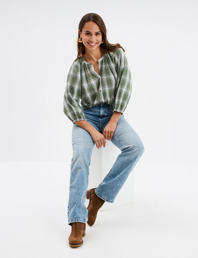 Blouse manches 3/4 ballons coton Creeks vert kaki femme