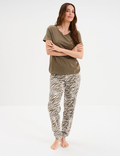 Ensemble pyjama pantalon t-shirt coton vert kaki femme
