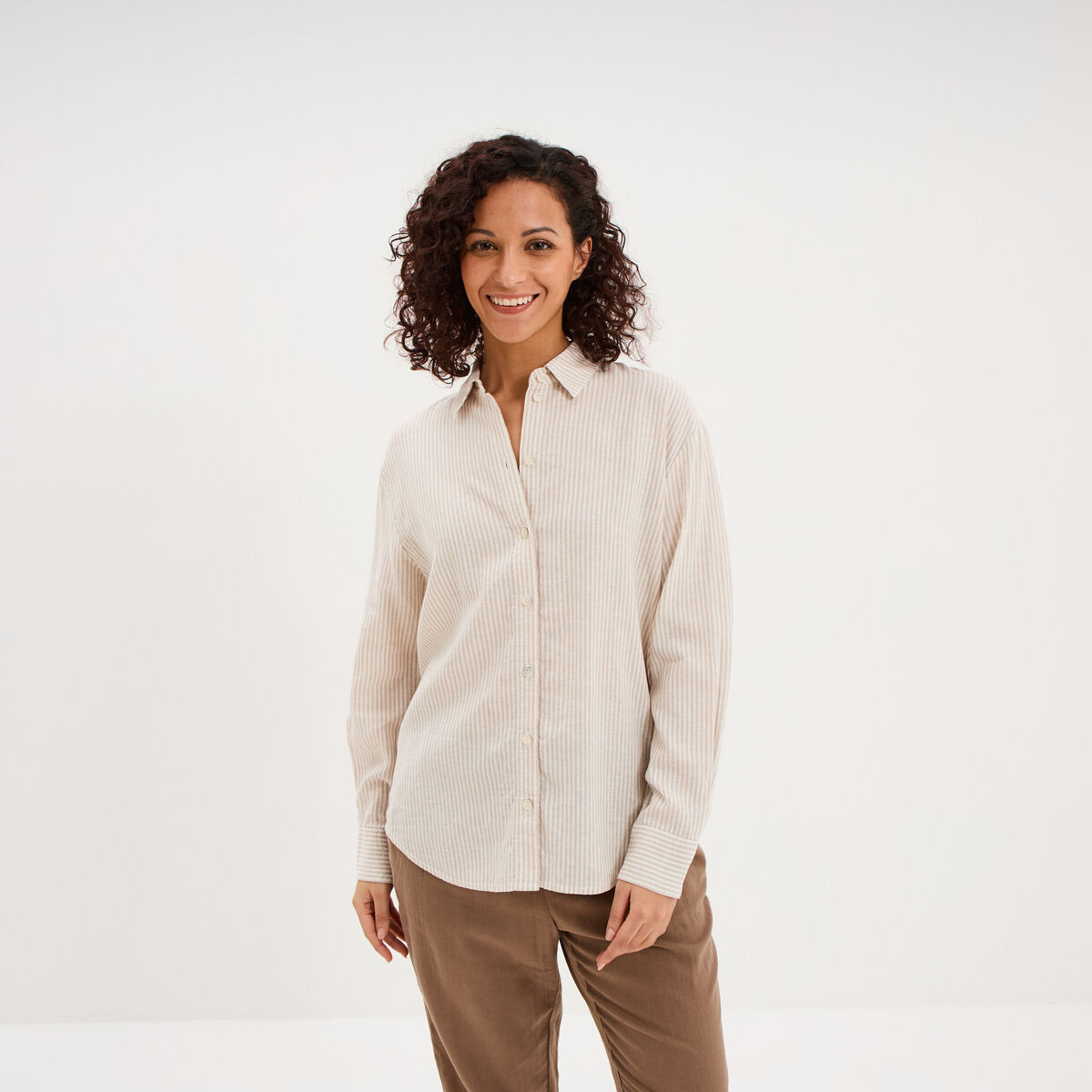 Chemise oversize lin m&eacute;lang&eacute; beige femme