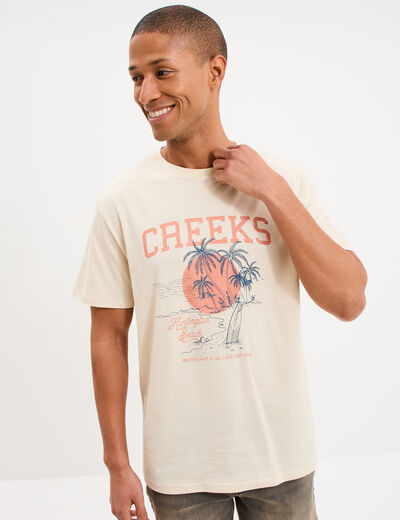 T-shirt col rond manches courtes coton ecru homme