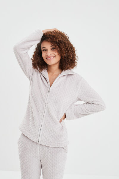 Veste pyjama pilou zippée col montant rose pastel femme