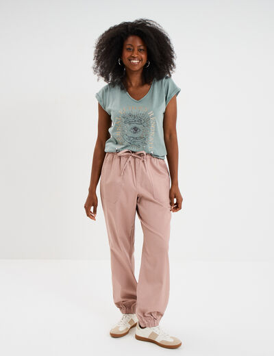 Pantalon droit battle taille élastiquée rose poudrée femme