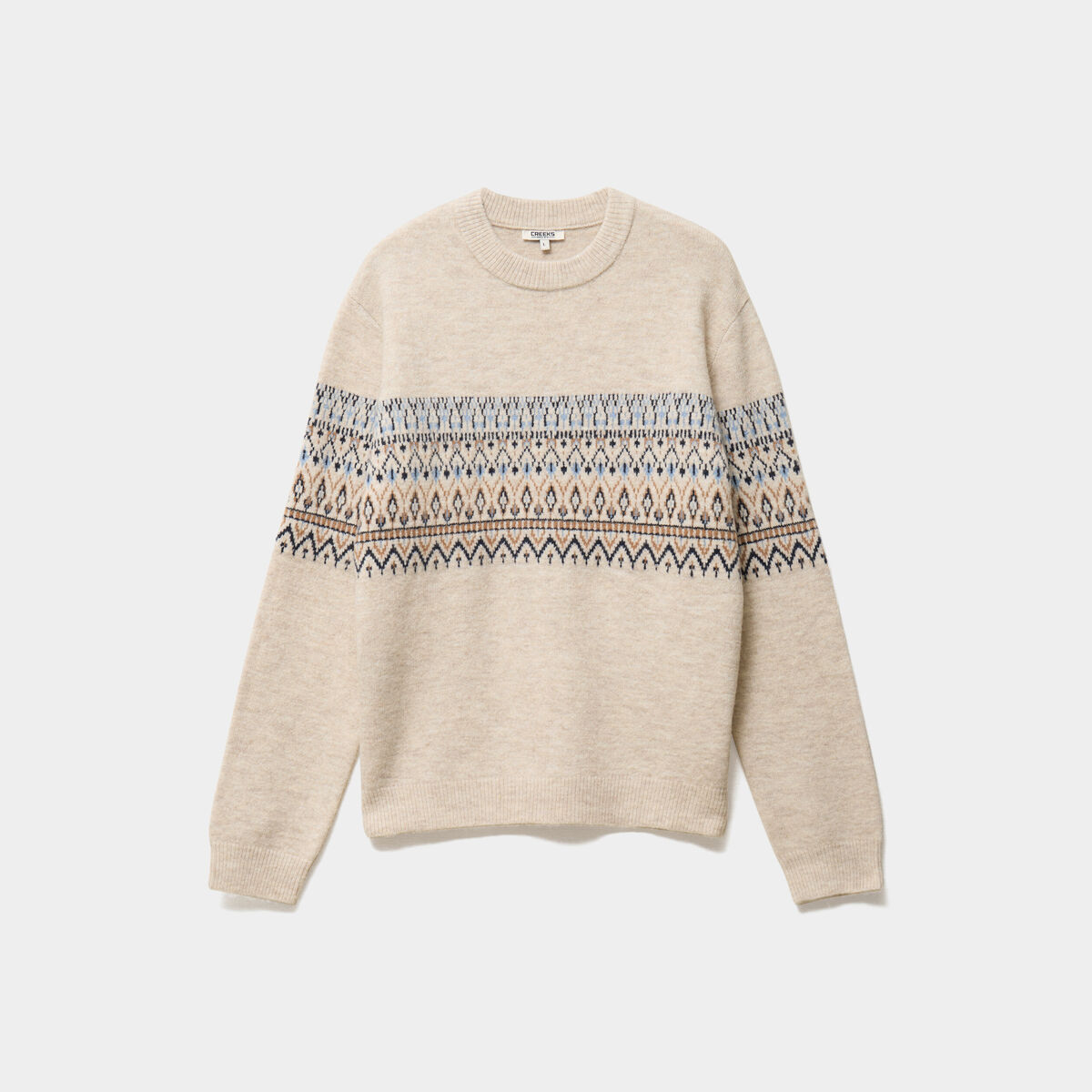 Pull jacquard col rond manches longues ecru homme
