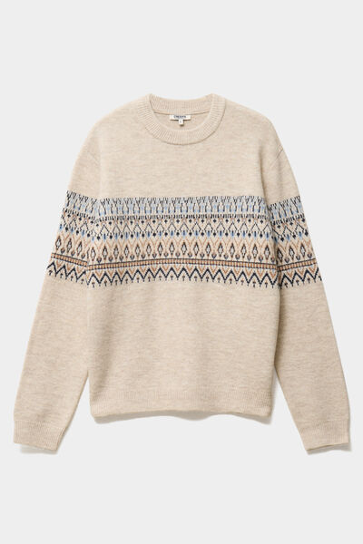 Pull jacquard col rond manches longues ecru homme
