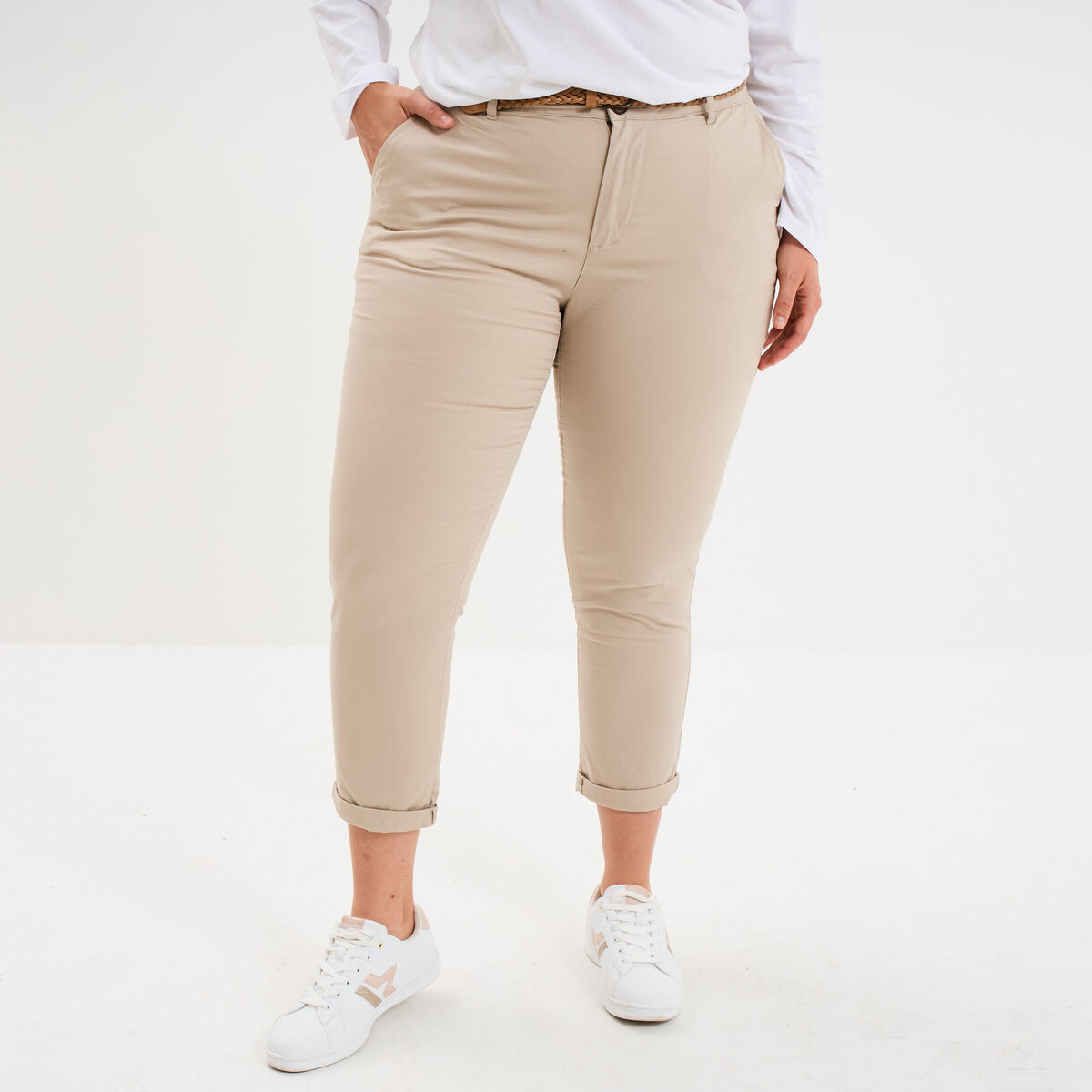 Pantalon chino taille haute coton beige femme grande taille