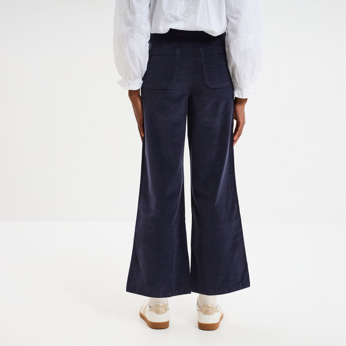 Pantalon effet velours &agrave; pont 7/8&egrave;me bleu fonc&eacute; femme