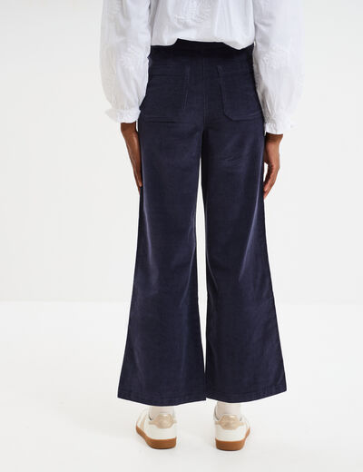 Pantalon effet velours &agrave; pont 7/8&egrave;me bleu fonc&eacute; femme