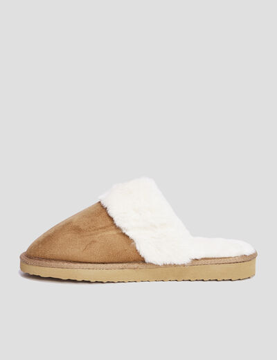 Chaussons mules col en fausse fourrure camel femme
