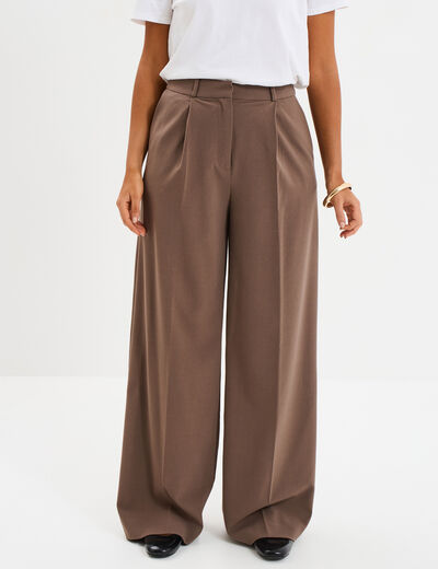 Pantalon large &agrave; pinces beige femme