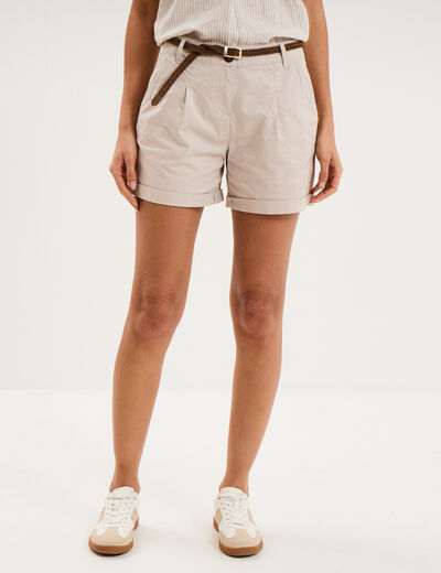 Short chino ceinture tress&eacute;e beige femme