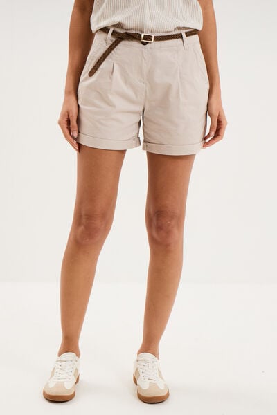 Short chino ceinture tress&eacute;e beige femme