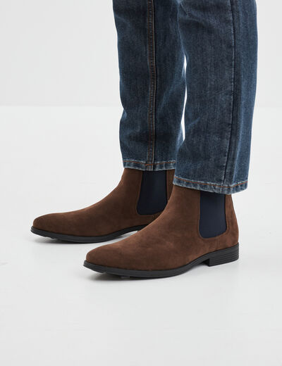 Bottines chelsea effet su&eacute;dine marron fonc&eacute; homme