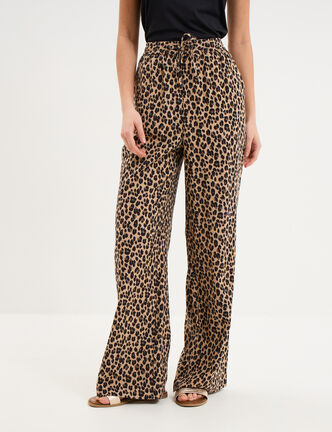 Pantalon large lin m&eacute;lang&eacute; beige clair femme