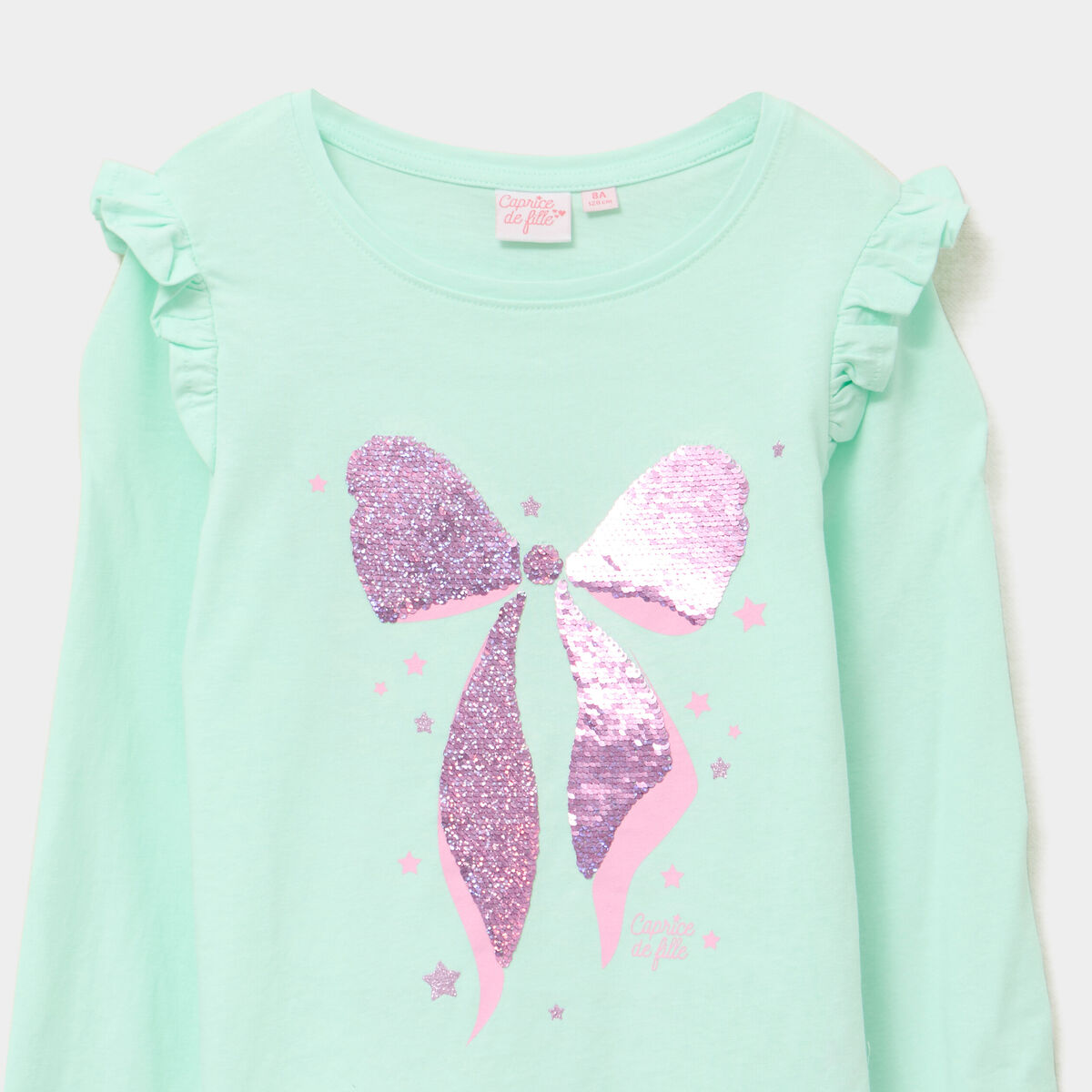 T-shirt à manches longues sequins coton vert clair fille
