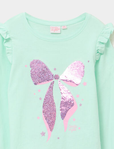 T-shirt à manches longues sequins coton vert clair fille