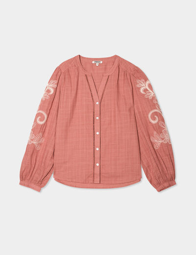 Blouse col tunisien manches brodées vieux rose femme