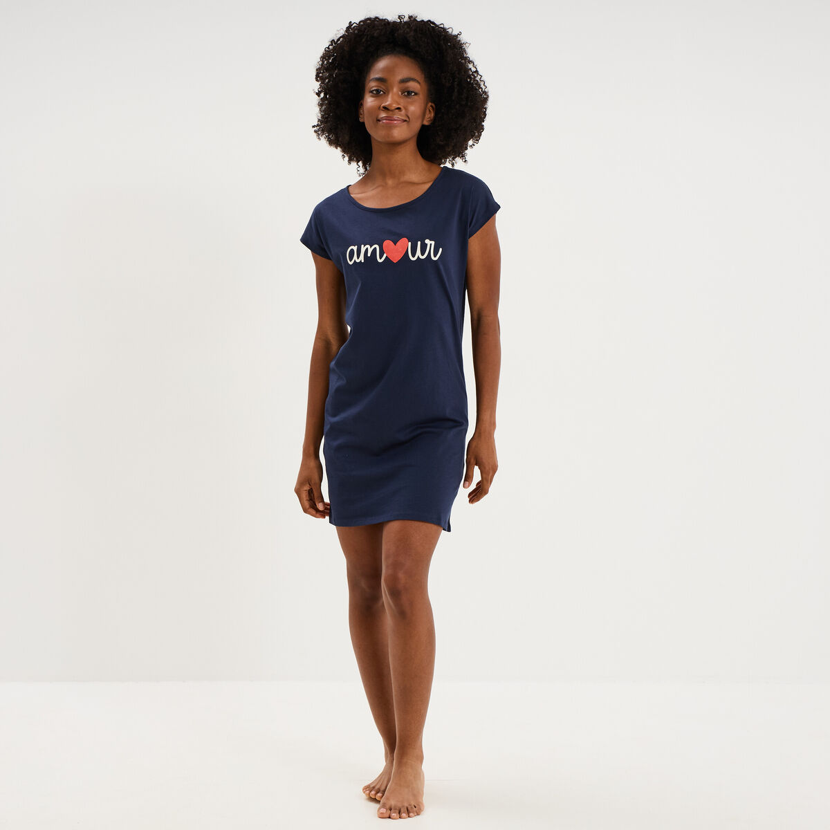 Chemise de nuit manches courtes coton bleu marine femme