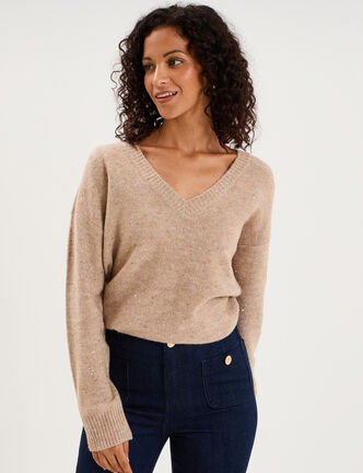 Pull droit &agrave; sequins et col en V beige femme