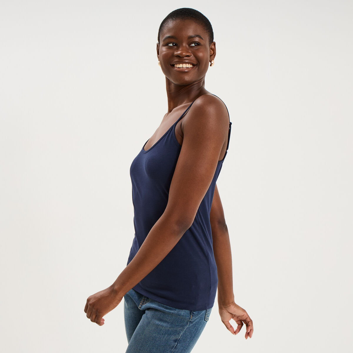 D&eacute;bardeur bretelles r&eacute;glables en coton bleu marine femme