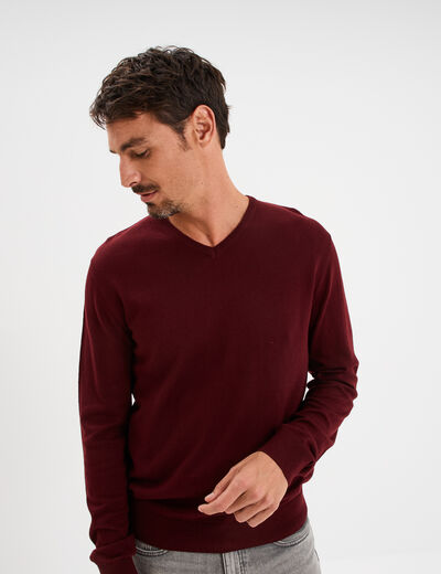 Pull jersey avec col en V violet foncé homme