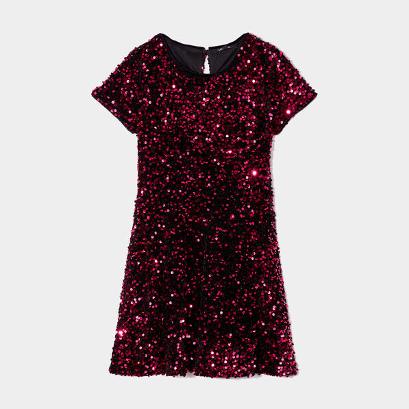 Robe trapèze à sequins manches courtes rose fushia fille