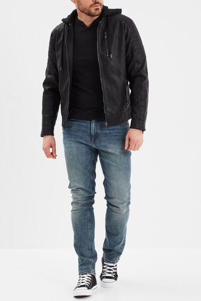 T-shirt manches courtes col tunisien noir homme